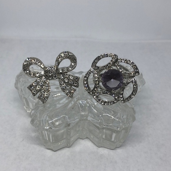 BUNDLE lot 2 rhinestone statement rings flower and bow 7-7.5 - Picture 1 of 5